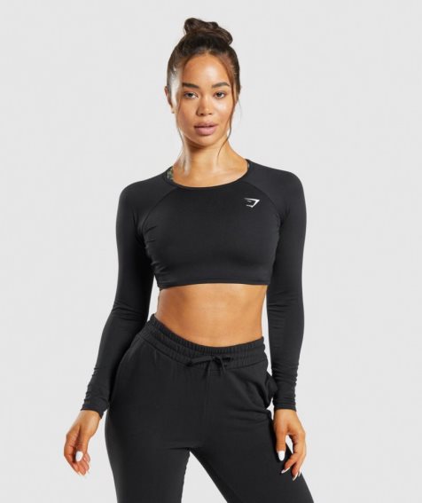 Przycięte Topy Gymshark Treningowe Long Sleeve Damskie Czarne | PL 078FZA